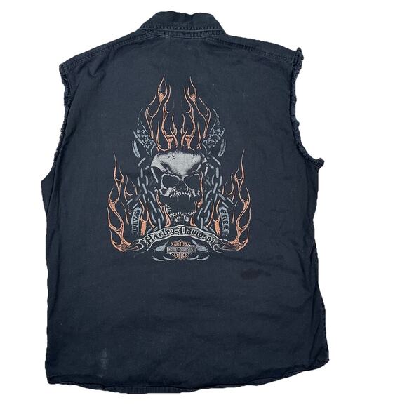 Harley Davidson Men's Black Graphic Snap Front Frayed Shirt Size Large Skull - Picture 1 of 11